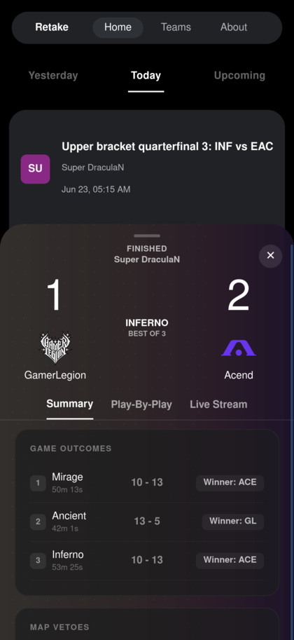 Retake app screenshot showing live CS2 match scores